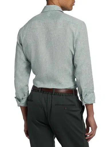 Canali Men's Solid Linen Sport Shirt - Teal | Thumbnail 5 Canali Men's Solid Linen Sport Shirt - Teal | Thumbnail 5