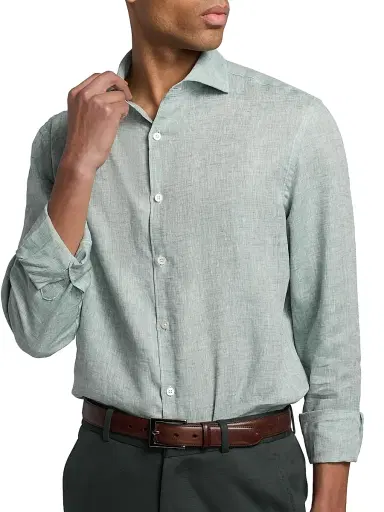 Canali Men's Solid Linen Sport Shirt - Teal | Thumbnail 6 Canali Men's Solid Linen Sport Shirt - Teal | Thumbnail 6