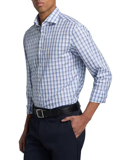 Canali Men's Plaid Cotton-Linen Sport Shirt - Blue - Size Medium | Thumbnail 4 Canali Men's Plaid Cotton-Linen Sport Shirt - Blue - Size Medium | Thumbnail 4
