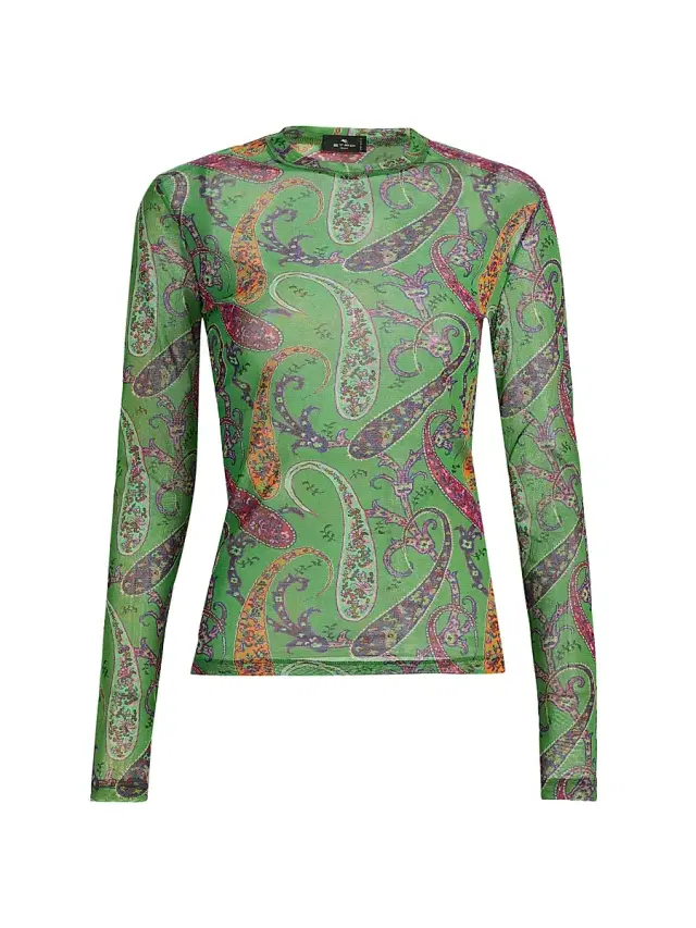 Etro Women's Paisley Print Mesh Long-Sleeve Top - Stampa Verde