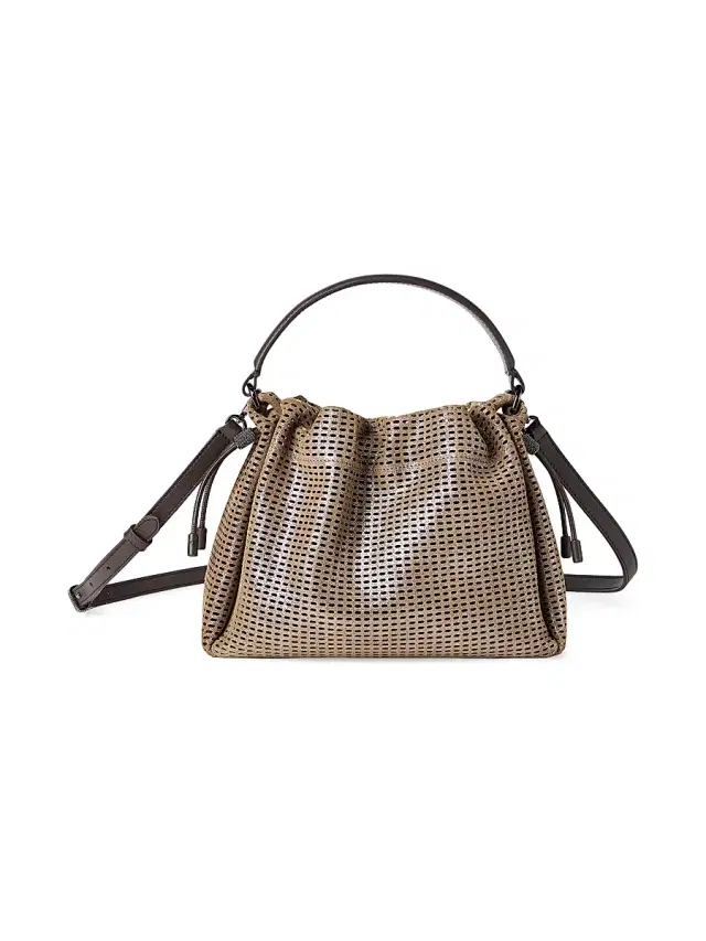 Brunello Cucinelli Women's Mellow  Bucket Bag in Sparkling Leather Net with Monili - Brown