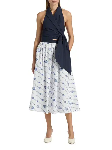 Rosie Assoulin Women's Easy Does It Floral Cotton Midi-Skirt - Blue White | Thumbnail 2 Rosie Assoulin Women's Easy Does It Floral Cotton Midi-Skirt - Blue White | Thumbnail 2