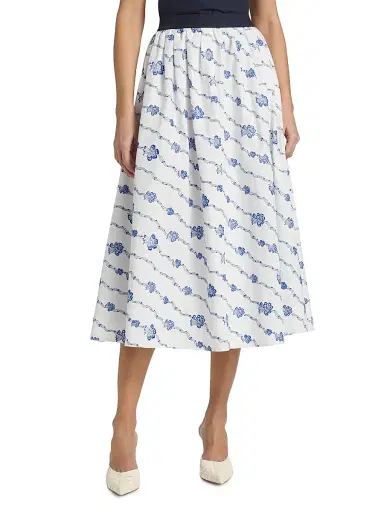 Rosie Assoulin Women's Easy Does It Floral Cotton Midi-Skirt - Blue White | Thumbnail 3 Rosie Assoulin Women's Easy Does It Floral Cotton Midi-Skirt - Blue White | Thumbnail 3