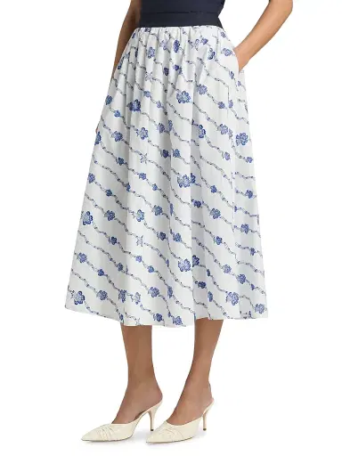 Rosie Assoulin Women's Easy Does It Floral Cotton Midi-Skirt - Blue White | Thumbnail 4 Rosie Assoulin Women's Easy Does It Floral Cotton Midi-Skirt - Blue White | Thumbnail 4