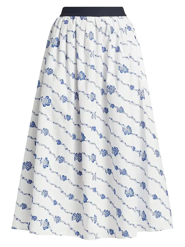 Rosie Assoulin Women's Easy Does It Floral Cotton Midi-Skirt - Blue White