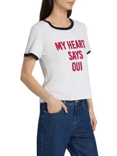 Cinq à Sept Women's My Heart Says Oui Shrunken Ringer T-Shirt - White Multi - Size XL | Thumbnail 4