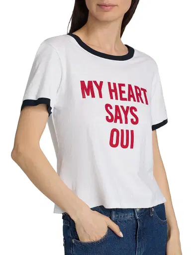 Cinq à Sept Women's My Heart Says Oui Shrunken Ringer T-Shirt - White Multi - Size XL | Thumbnail 6