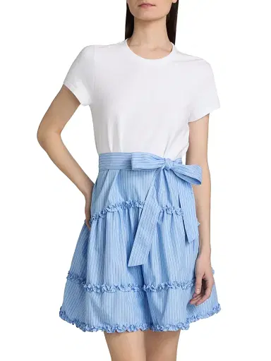 Cinq à Sept Women's Jessie Mixed-Media Belted Cotton-Blend Minidress - White Blue Wisteria Multi - Size XL | Thumbnail 3