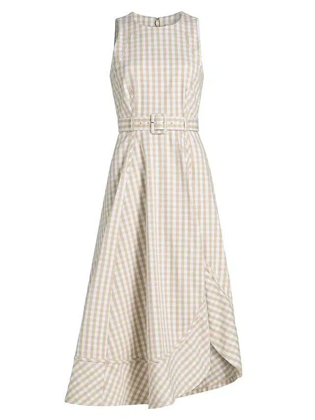 Cinq à Sept Women's Zelda Gingham Denim Asymmetric Tea-Length Dress - Khaki White