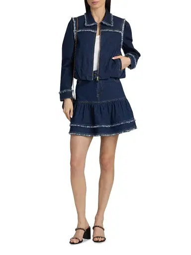 Cinq à Sept Women's Indria Denim Fringe Crop Bomber Jacket - Twilight - Size XL | Thumbnail 2