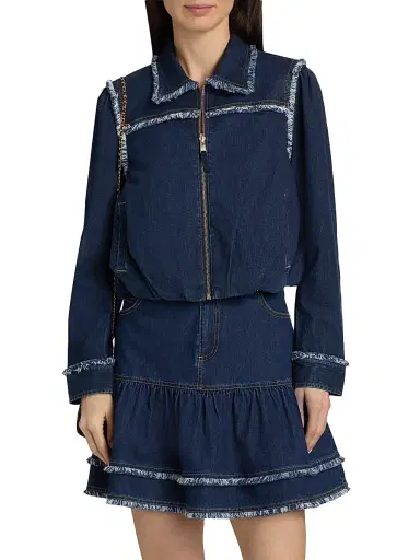 Cinq à Sept Women's Indria Denim Fringe Crop Bomber Jacket - Twilight - Size XL | Thumbnail 3