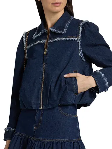 Cinq à Sept Women's Indria Denim Fringe Crop Bomber Jacket - Twilight - Size XL | Thumbnail 6