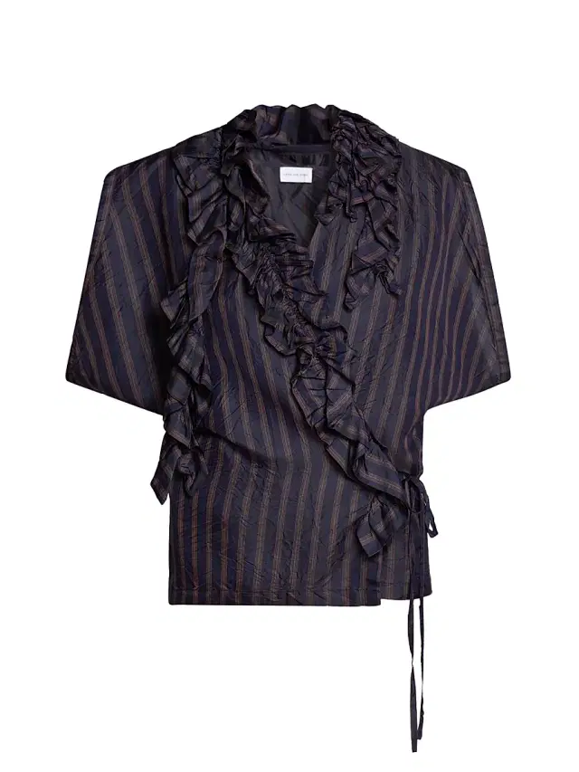 Dries Van Noten Women's Clematis Ruffled Striped Satin Wrap Shirt - Navy