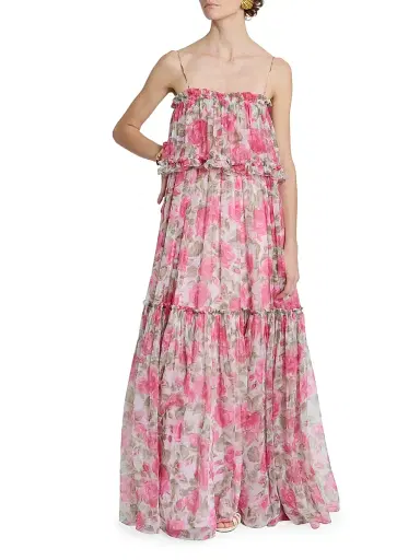 Chloé Women's Ruffled Floral Silk Georgette Maxi Dress - White Pink | Thumbnail 2 Chloé Women's Ruffled Floral Silk Georgette Maxi Dress - White Pink | Thumbnail 2