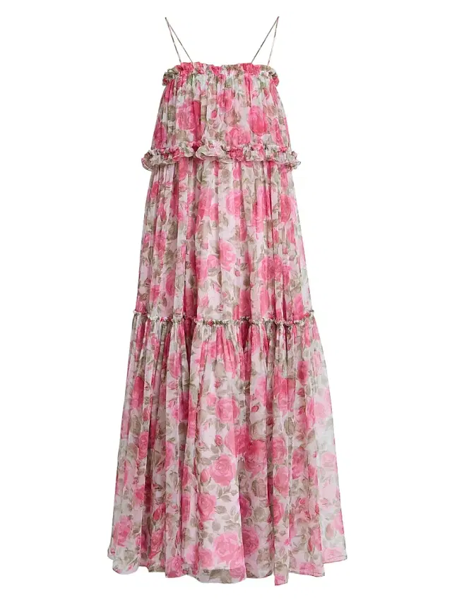 Chloé Women's Ruffled Floral Silk Georgette Maxi Dress - White Pink