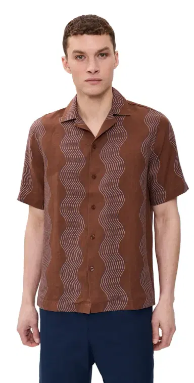 Frescobol Carioca Roberto Duo Cabana Stripe Print Linen Shirt Brown | Thumbnail 1