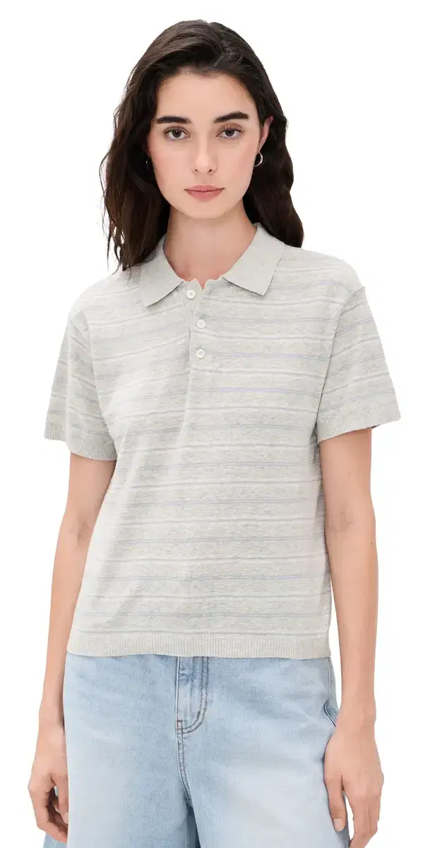 DUNST inen Striped Polo Knit Grey/Soft Blue