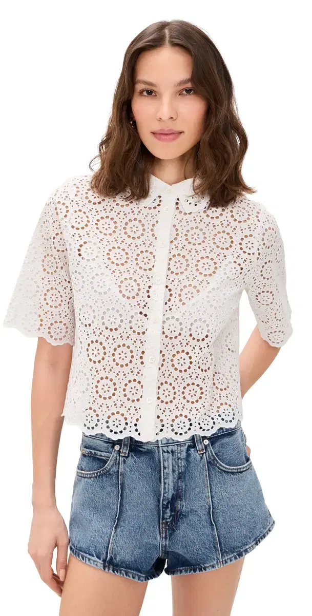 FRAME The Petal Eyelet Button Down Shirt White