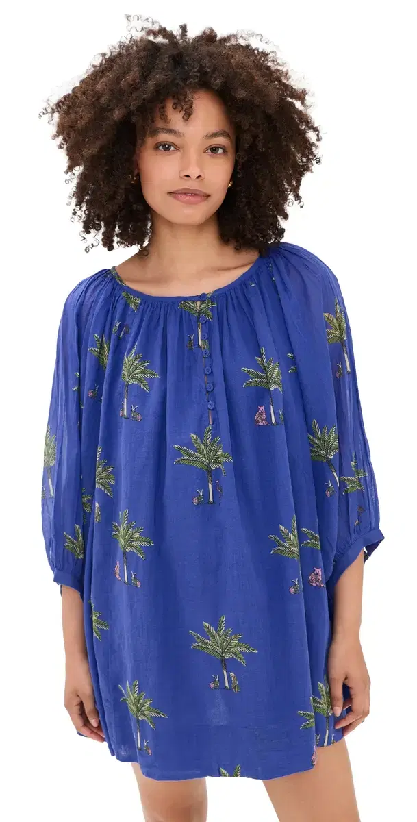Shirred Half Placket Mini Dress Petit Palm Deep Periwinkle One Size