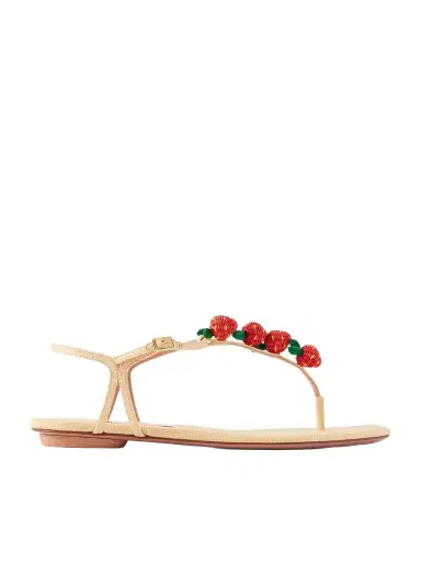 Aquazzura Fragolina Sugar Embellished Raffia-effect Flat Sandals | Thumbnail 1 Aquazzura Fragolina Sugar Embellished Raffia-effect Flat Sandals | Thumbnail 1