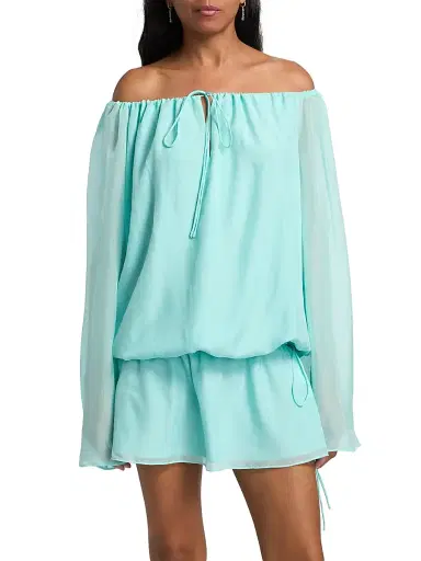 AZEEZA Women's Elina Off-The-Shoulder Chiffon Minidress - Aquamarine - Size Large | Thumbnail 3