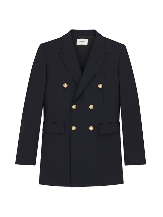 Women's Double-Breasted Jacket in Wool Gabardine - Marine Fonce