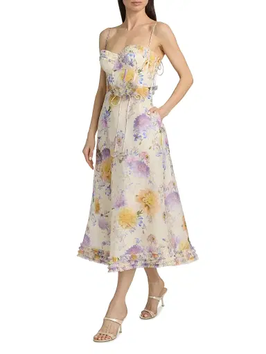 Zimmermann Women's Kindred Spirit Luna Floral Linen-Silk Ruffle Midi-Dress - Cream Dahlia | Thumbnail 2 Zimmermann Women's Kindred Spirit Luna Floral Linen-Silk Ruffle Midi-Dress - Cream Dahlia | Thumbnail 2