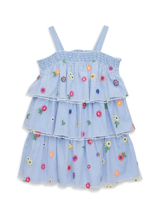 Hannah Banana Little Girl's & Girl's Striped Floral Embroidered Tiered Dress - Blue Multi