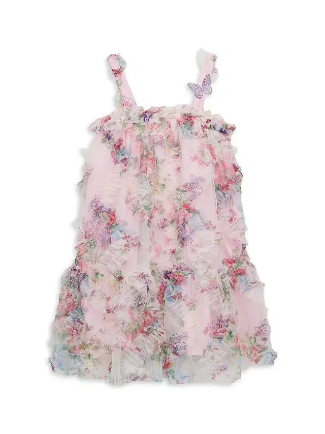 Little Girl's & Girl's Floral Ruffled Tulle Dress - Pink Multi