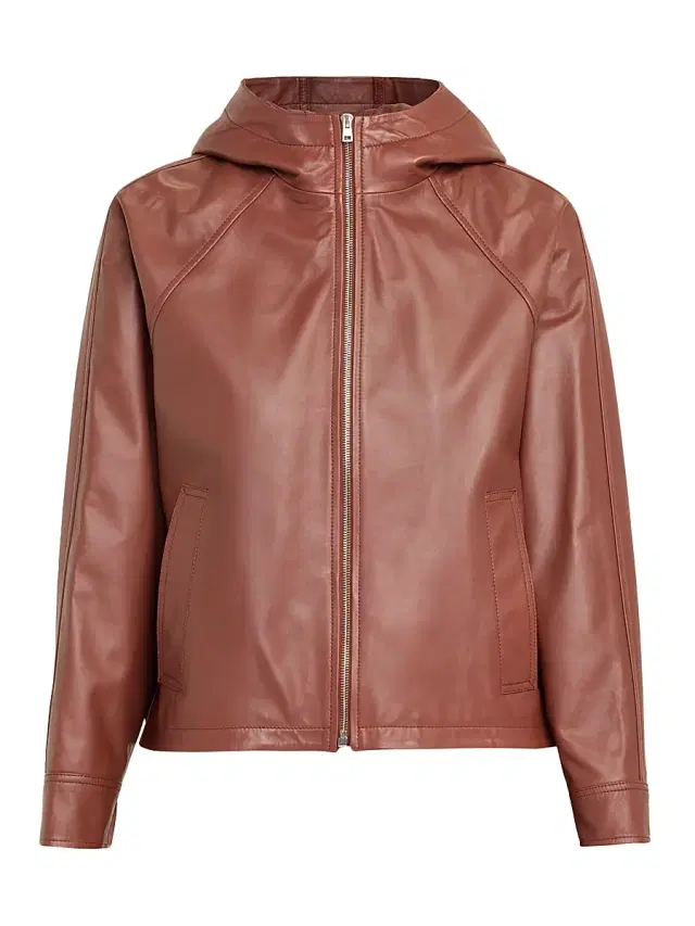 Women's Hooded Leather Zip Jacket - Sumac