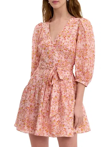 REBECCA TAYLOR Women's Bellamy Floral Silk Wrap Minidress - Pale Pink Multi - Size Large | Thumbnail 2 REBECCA TAYLOR Women's Bellamy Floral Silk Wrap Minidress - Pale Pink Multi - Size Large | Thumbnail 2