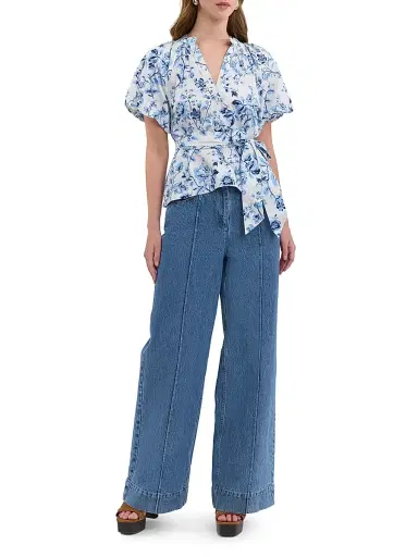 REBECCA TAYLOR Women's Emelia Tie-Waist Floral Cotton Blouse - Alaskan Blue Multi - Size XL | Thumbnail 2