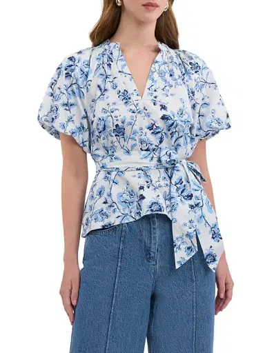 REBECCA TAYLOR Women's Emelia Tie-Waist Floral Cotton Blouse - Alaskan Blue Multi - Size XL | Thumbnail 3