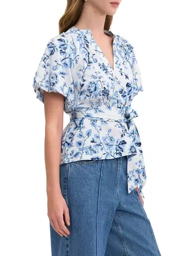 REBECCA TAYLOR Women's Emelia Tie-Waist Floral Cotton Blouse - Alaskan Blue Multi - Size XL | Thumbnail 4