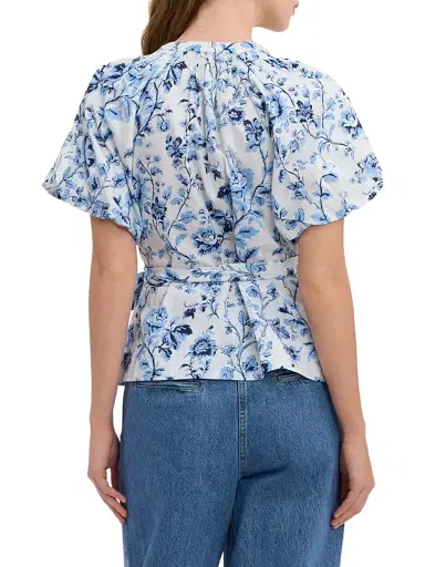 REBECCA TAYLOR Women's Emelia Tie-Waist Floral Cotton Blouse - Alaskan Blue Multi - Size XL | Thumbnail 5
