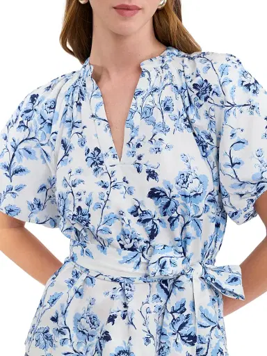 REBECCA TAYLOR Women's Emelia Tie-Waist Floral Cotton Blouse - Alaskan Blue Multi - Size XL | Thumbnail 6