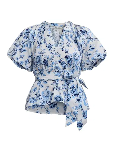 REBECCA TAYLOR Women's Emelia Tie-Waist Floral Cotton Blouse - Alaskan Blue Multi - Size XL | Thumbnail 1