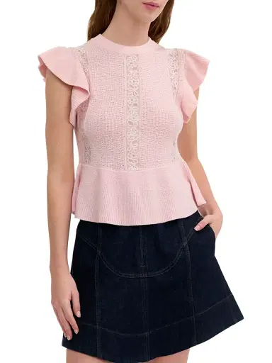 REBECCA TAYLOR Women's Rhea Lace-Trim Merino Wool-Cotton Sweater - Peony Pink - Size XL | Thumbnail 3 REBECCA TAYLOR Women's Rhea Lace-Trim Merino Wool-Cotton Sweater - Peony Pink - Size XL | Thumbnail 3