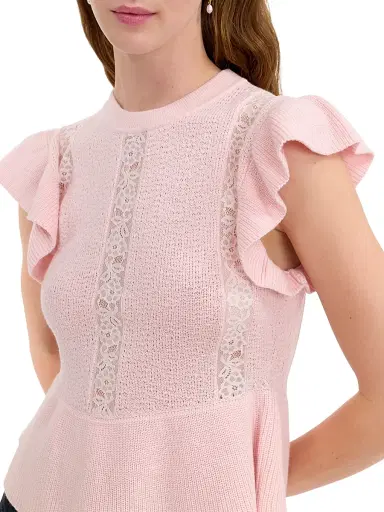 REBECCA TAYLOR Women's Rhea Lace-Trim Merino Wool-Cotton Sweater - Peony Pink - Size XL | Thumbnail 6 REBECCA TAYLOR Women's Rhea Lace-Trim Merino Wool-Cotton Sweater - Peony Pink - Size XL | Thumbnail 6