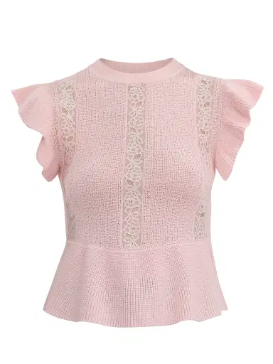 REBECCA TAYLOR Women's Rhea Lace-Trim Merino Wool-Cotton Sweater - Peony Pink - Size XL | Thumbnail 1 REBECCA TAYLOR Women's Rhea Lace-Trim Merino Wool-Cotton Sweater - Peony Pink - Size XL | Thumbnail 1