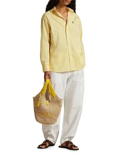 Polo Ralph Lauren Women's Logo Raffia & Leather Tote Bag - Natural And Canary Yellow | Thumbnail 2