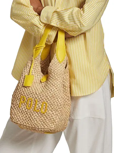 Polo Ralph Lauren Women's Logo Raffia & Leather Tote Bag - Natural And Canary Yellow | Thumbnail 3