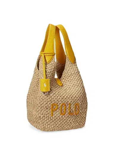 Polo Ralph Lauren Women's Logo Raffia & Leather Tote Bag - Natural And Canary Yellow | Thumbnail 4