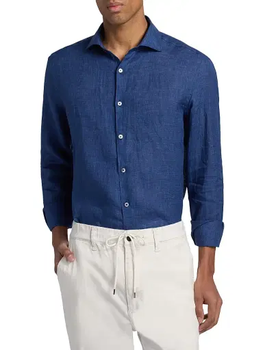 Canali Men's Linen Button-Front Shirt - Navy | Thumbnail 3
