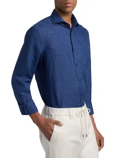 Canali Men's Linen Button-Front Shirt - Navy | Thumbnail 4