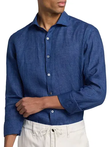 Canali Men's Linen Button-Front Shirt - Navy | Thumbnail 6