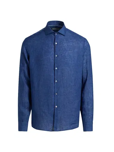 Canali Men's Linen Button-Front Shirt - Navy | Thumbnail 1