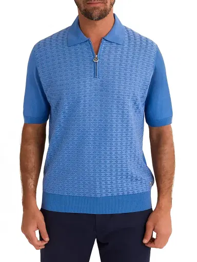 Stefano Ricci Men's Geometric Textured Silk-Cotton Quarter-Zip Polo Shirt - Light Blue - Size 46 | Thumbnail 2 Stefano Ricci Men's Geometric Textured Silk-Cotton Quarter-Zip Polo Shirt - Light Blue - Size 46 | Thumbnail 2