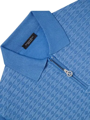 Stefano Ricci Men's Geometric Textured Silk-Cotton Quarter-Zip Polo Shirt - Light Blue - Size 46 | Thumbnail 6 Stefano Ricci Men's Geometric Textured Silk-Cotton Quarter-Zip Polo Shirt - Light Blue - Size 46 | Thumbnail 6