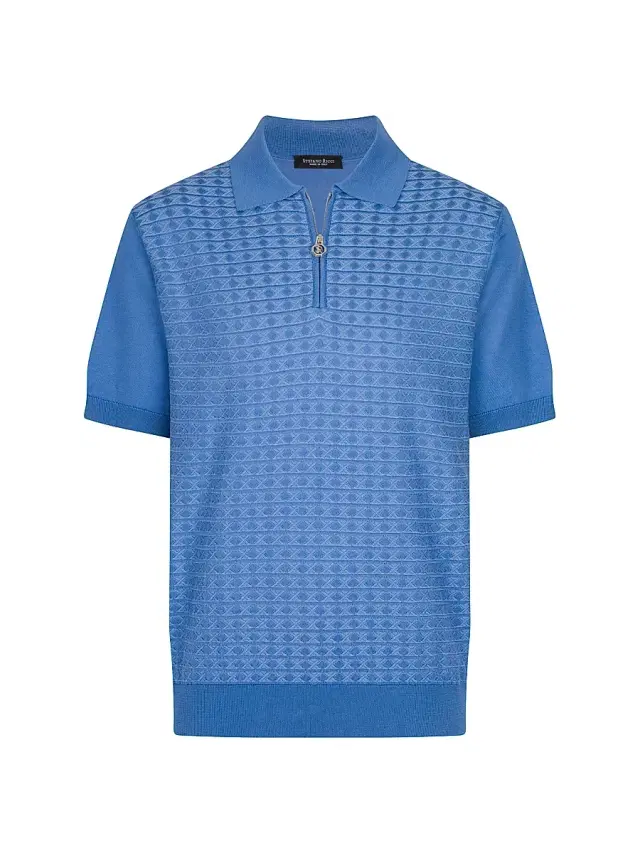 Men's Geometric Textured Silk-Cotton Quarter-Zip Polo Shirt - Light Blue